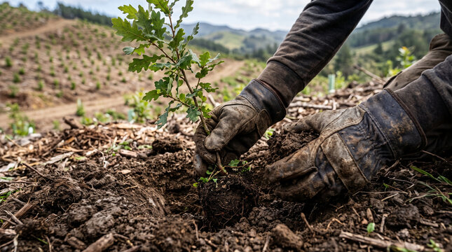 Hands planting young oak tree seedling in soil.
