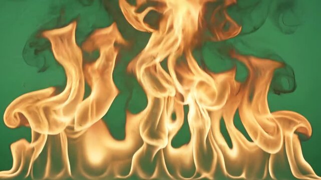 Realistic fire flames on green screen background. Cinematic burning fire effect for video compositing. Intense orange heat and smoke.