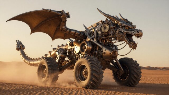 Mechanical Dragon Robot in Desert Landscape with Dust Clouds