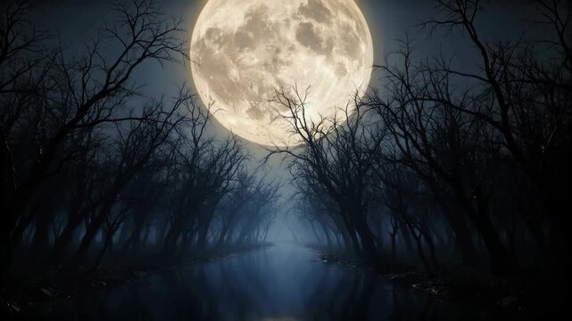 Eerie Full Moon Casting Glow over Misty Forest Path with Reflective Water Surface Cinematic Horror Atmosphere