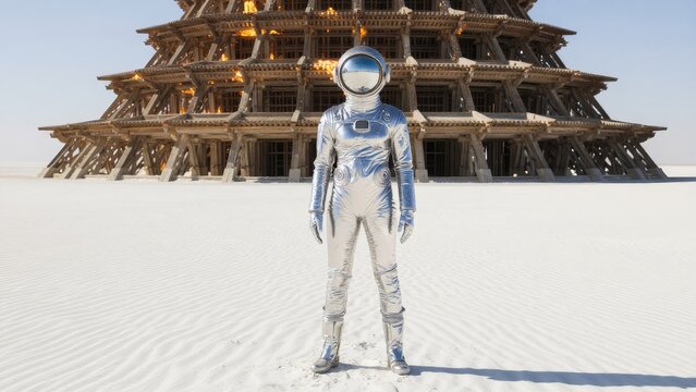 Astronaut in Silver Suit Standing in Front of Unique Sculpture