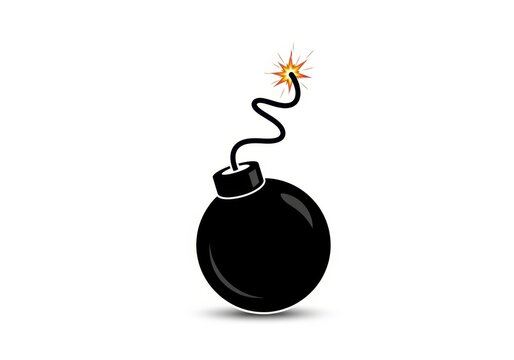 Black round bomb with a burning lit fuse ready to explode in a cartoon style
