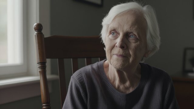 Thoughtful elderly woman sitting in rocking chair by window