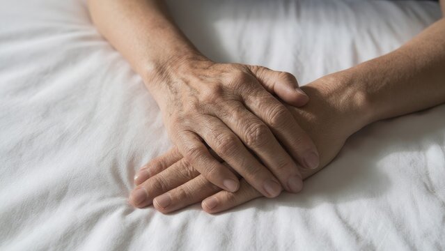 Gentle Hands Resting on Soft White Fabric in Serene Environment