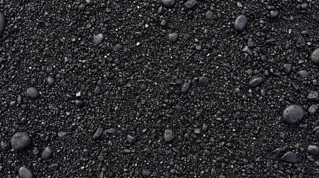 Black volcanic sand texture, dark basalt pebbles on beach, natural charcoal grit background for moody design