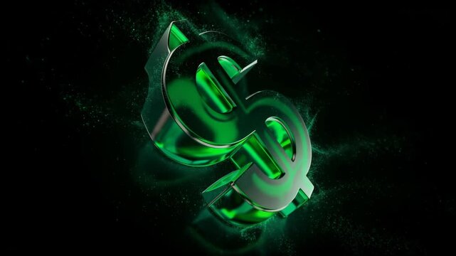 Glowing Dollar Sign Symbol Emerges From Green Particle Burst in Dark Studio Environment Cinematic 3d Render for Finance and Business Concepts