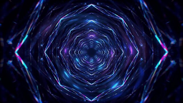 Glowing Hexagonal Tunnel Animation with Neon Blue and Purple Lights Moving Forward Through Digital Space