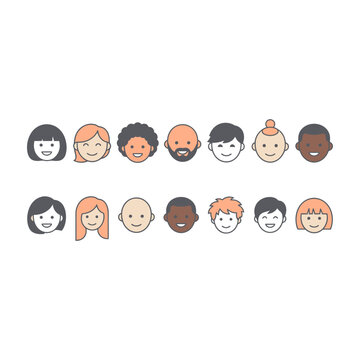 Diverse Set Of Cute Stylized Human Faces With Different Hair Colors And Skin Tones On White Background