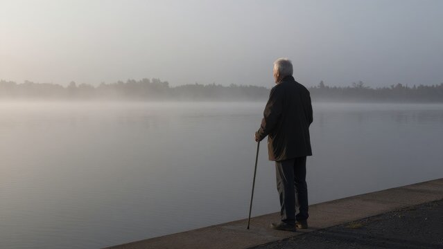 Senior Man with Cane Stands by Calm Misty Water at Dawn