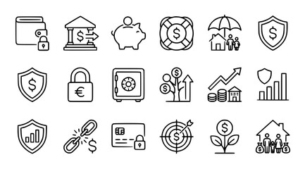 Fototapeta premium Personal financial security icon set with savings insurance investment wealth and money protection symbols