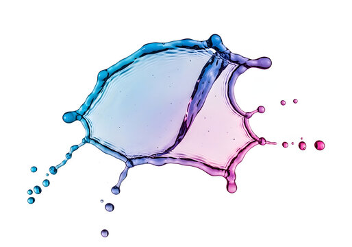 Colorful liquid splashing in mid-air with droplets isolated on white background
