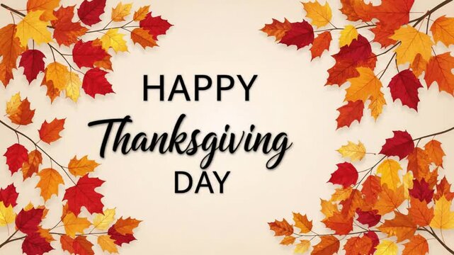 Happy thanksgiving day greeting card animation with falling autumn maple leaves and typography for seasonal holiday celebration background