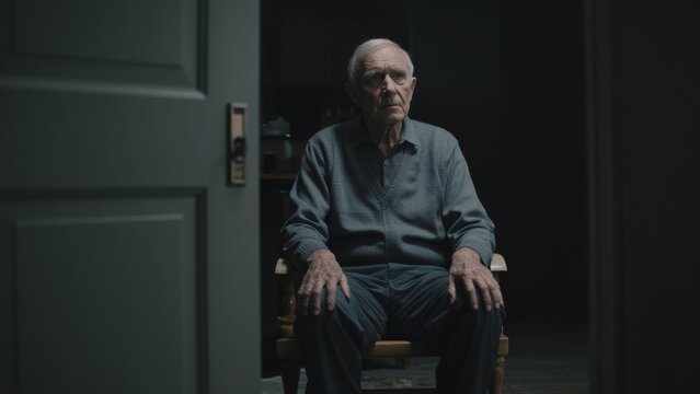 Elderly man sitting alone in a dim room with a thoughtful expression