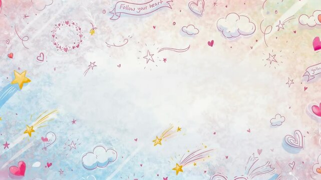 Hearts and Stars Float Gently in Pastel Sky Background with Copy Space for Text Overlays