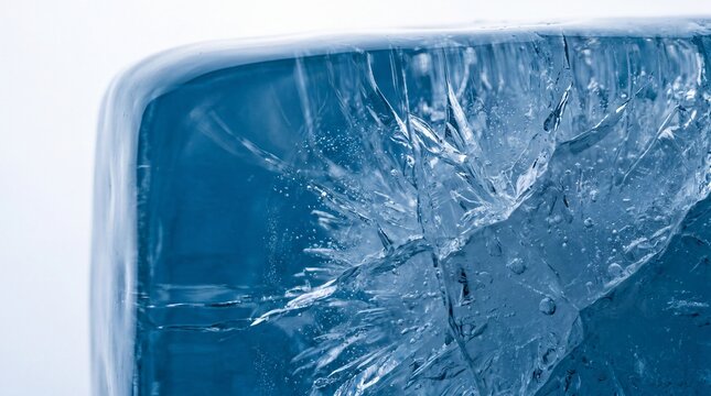 Frozen Fracture: A close-up view reveals the intricate crystalline structure and deep fissures within a solid block of ice, showcasing nature's frozen art.