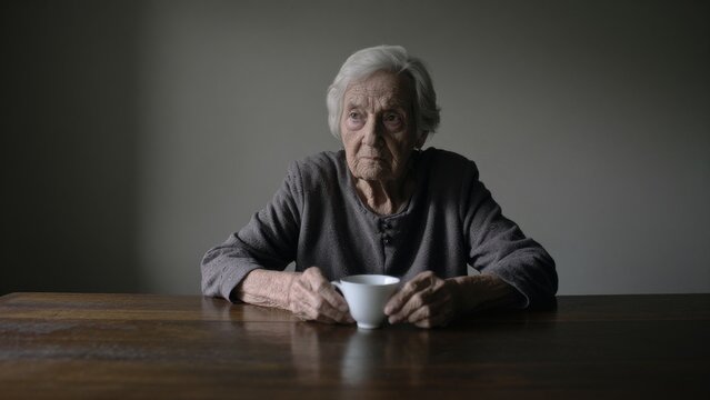 Elderly Woman Holding White Cup While Sitting at Wooden Table