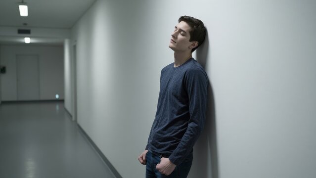Young Man in Blue Shirt Leaning Against Wall in Empty Hallway