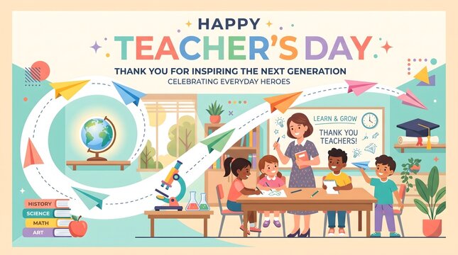 Vibrant educational poster with teacher and students in laboratory setting highlights science and everyday heroes for global teacher appreciation event.