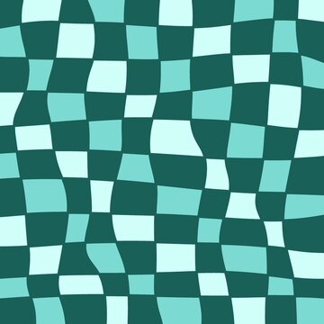 Deep emerald teal wavy checkered seamless pattern distorted grid background