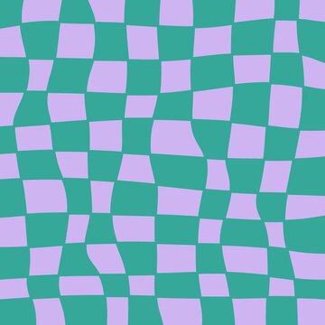 Vibrant retro wavy checkered pattern distorted grid background in turquoise teal and purple
