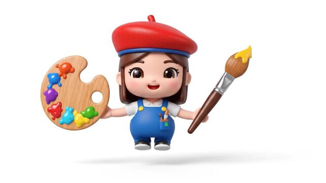 Cute 3D Chibi Artist Girl with Paint Palette and Brush