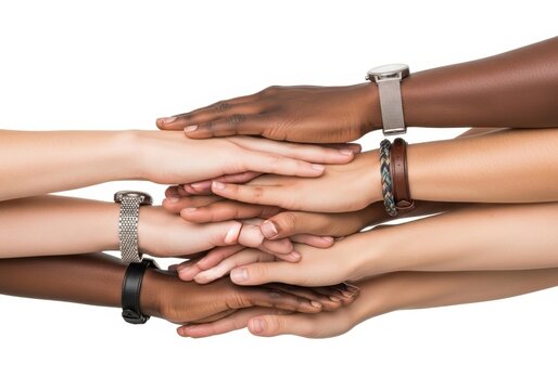 Diverse group of people stacking hands together as a sign of unity and support