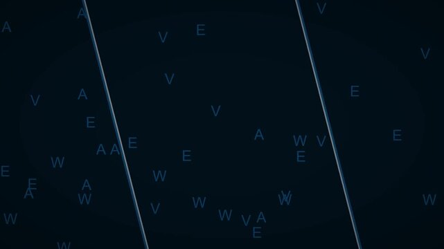 Typography pattern displays floating blue letters on a dark digital background.