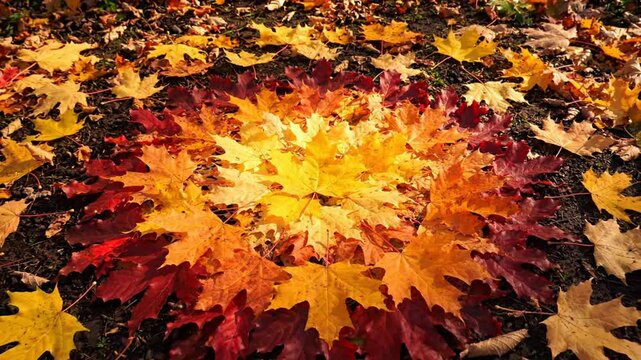 Vibrant autumn leaf mandala arrangement on forest ground, seasonal fall colors gradient background, for nature and, thanksgiving themes