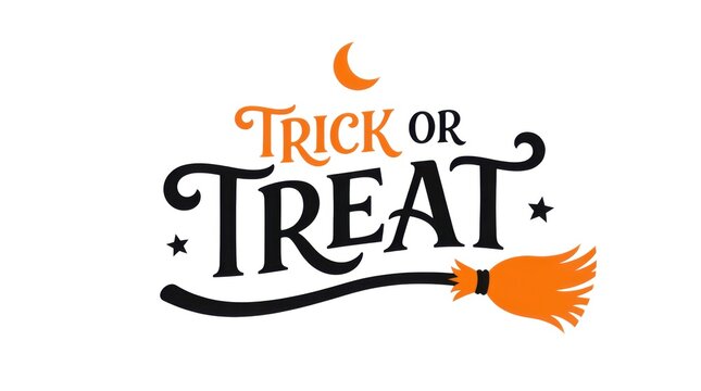 Trick or Treat Halloween typography, festive holiday lettering with witch broom and moon, orange and black seasonal graphic