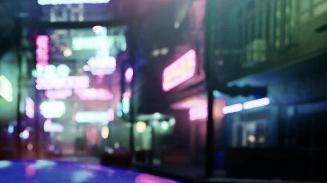 Bright neon lights surround a narrow street in a busy city at night. The colors reflect off wet surfaces while people walk by. Signs in various languages add to the energy.