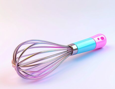 cute 3D cartoon whisk, adorable chibi style, shiny metal wires with colorful handle
