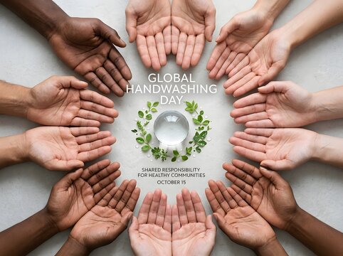 Diverse group of people holding hands together for global handwashing day celebration