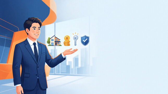 不動産投資と資産形成を提案するビジネスマンのイラスト素材
マイホーム購入・住宅ローン・リスク管理をイメージしたビジネスイラスト
信頼できる不動産運用とセキュリティプランを説明する男性
