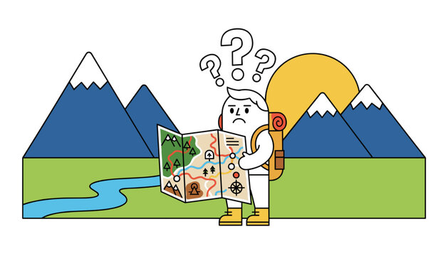 Confused male traveler with a big backpack stands in front of mountains while looking at a paper map to find his way.