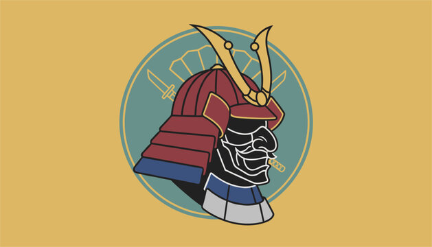 Traditional japanese samurai helmet and mask icon displayed over a circular backdrop with swords and fan.