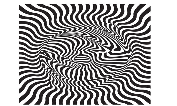 Abstract optical illusion vector illustration background featuring black and white distorted hypnotic wavy zebra lines