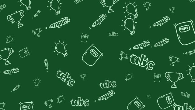 Green background with white doodles of trophies, pens, lightbulbs, notebooks, letters, education, and school supplies. Perfect for educational designs.