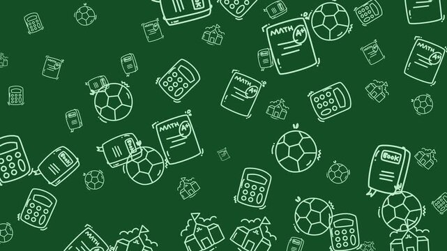 White line art drawings of calculators, soccer balls, math papers, and school building icons. Suitable for educational designs and presentations.