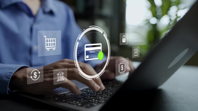 Secure online payment and transaction concept. Person using laptop with credit card, padlock and security icons, digital banking protection, ecommerce checkout and financial safety.