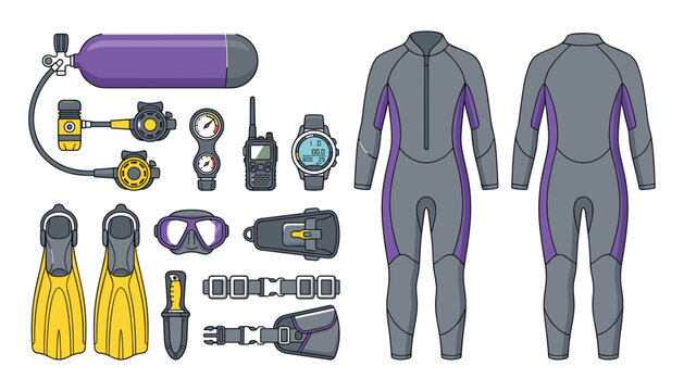 Scuba Diving Equipment Set, Including Wetsuit, Regulator, Buoyancy Compensator, Fins, Mask, and Depth Gauge