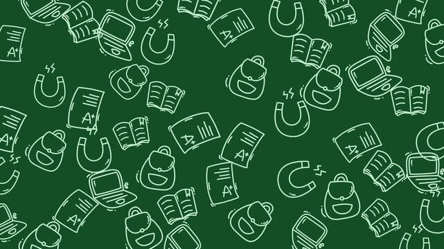 Green background school doodles suitable for educational materials, websites, presentations, and design projects. Notebooks, magnets, backpacks, and more featured.
