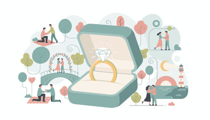 Fototapeta premium Giant diamond engagement ring in a velvet box surrounded by sweet romantic scenes of couples proposing and dancing.