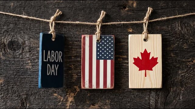Labor Day wooden tags with USA and Canada symbols hanging on rustic wood