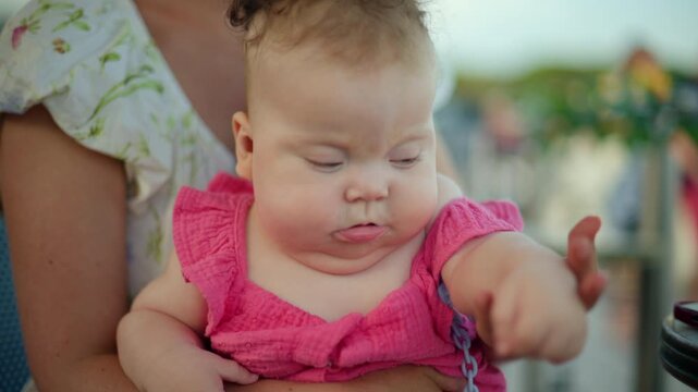 Baby girl making a funny face, sticking out tongue while being held outdoors, showing innocence and childhood moments