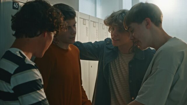 Bullies Pulling Smartphone Out of Helpless Student Pocket. While Pinning Against Lockers, Use Phone to Film Humiliated Reaction. Teenage Physical Theft, Digital Extortion, High School Intimidation.