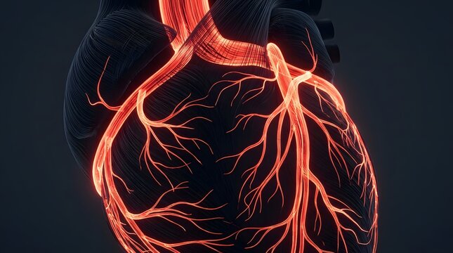 Detailed 3D Medical Illustration Showing the Human Heart with Glowing Red Coronary Arteries Highlighting Cardiovascular System Anatomy and Health