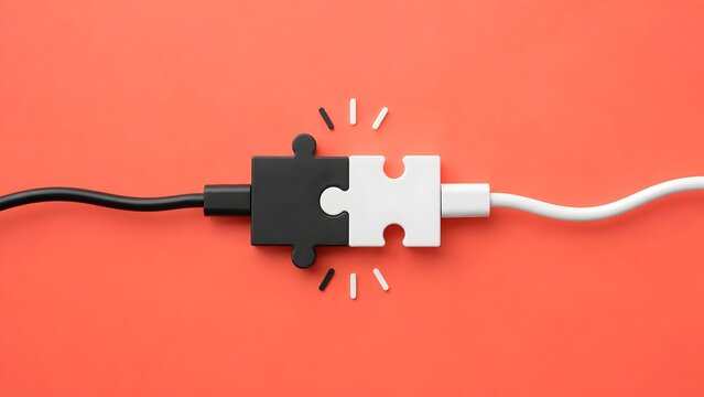 Puzzle Connector Cable Plugged Together Linking Business Integration On Red