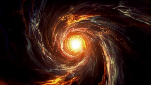 Swirling Cosmic Vortex with Fiery Orange and Electric Blue Nebulae Pulling Toward Bright Center Point in Space