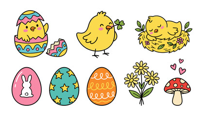 Cute Easter cartoon chick and egg sticker vector set with newborn bird hatching sleeping in nest flowers clover mushroom and bunny pattern