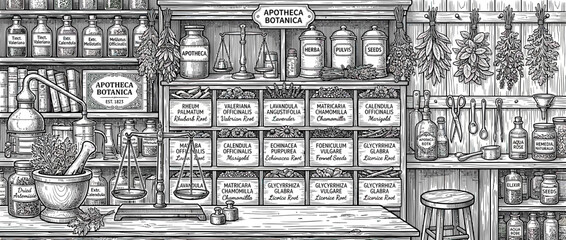 Fototapeta premium Vintage Apothecary Shop Interior Illustration